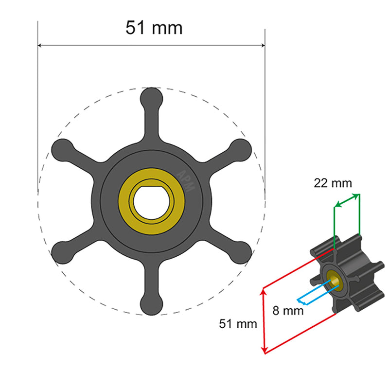 Albin Pump Premium Impeller Kit - 51 x 8 x 22mm - 6 Blade - Single Flat Insert