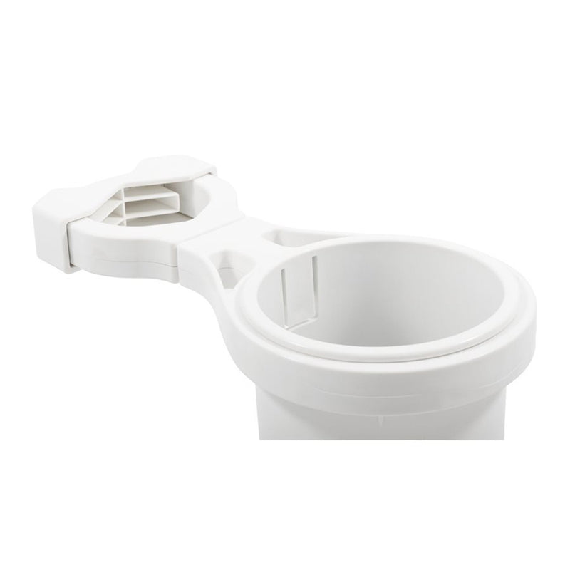 Camco Clamp-On Rail Mounted Cup Holder - Large for Up to 2" Rail - White
