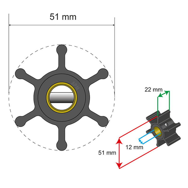 Albin Pump Premium Impeller Kit - 51 x 22 x 12mm - 6 Blade - Pin Insert