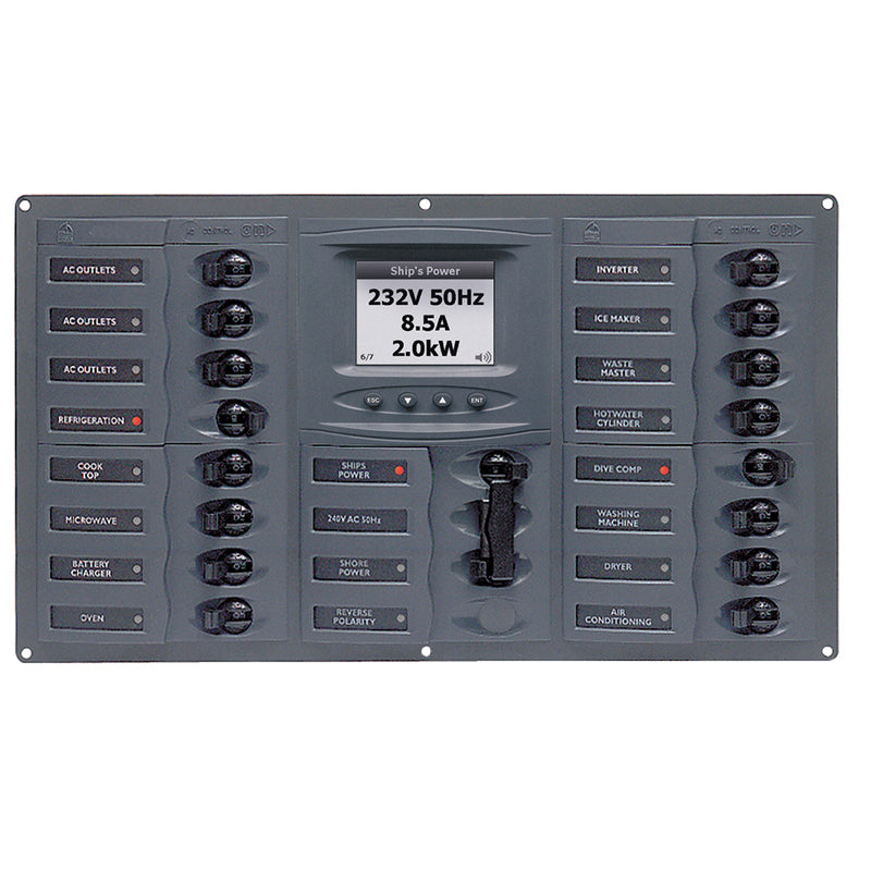 BEP AC Circuit Breaker Panel w/Digital Meters, 16SP 2DP AC120V ACSM Stainless Steel Horizontal