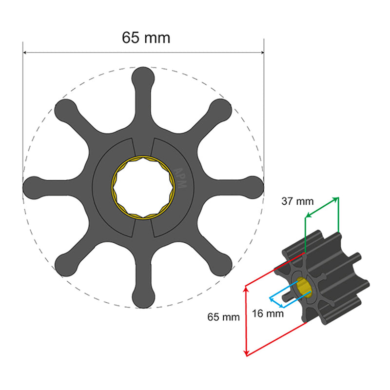 Albin Pump Premium Impeller Kit 65 x 16 x 37mm - 8 Blade - Spline Insert