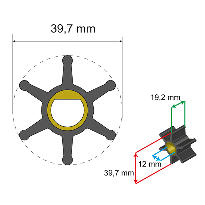 Albin Pump Premium Impeller Kit - 39.7 x 12 x 19.2mm - 6 Blade - Single Flat Insert