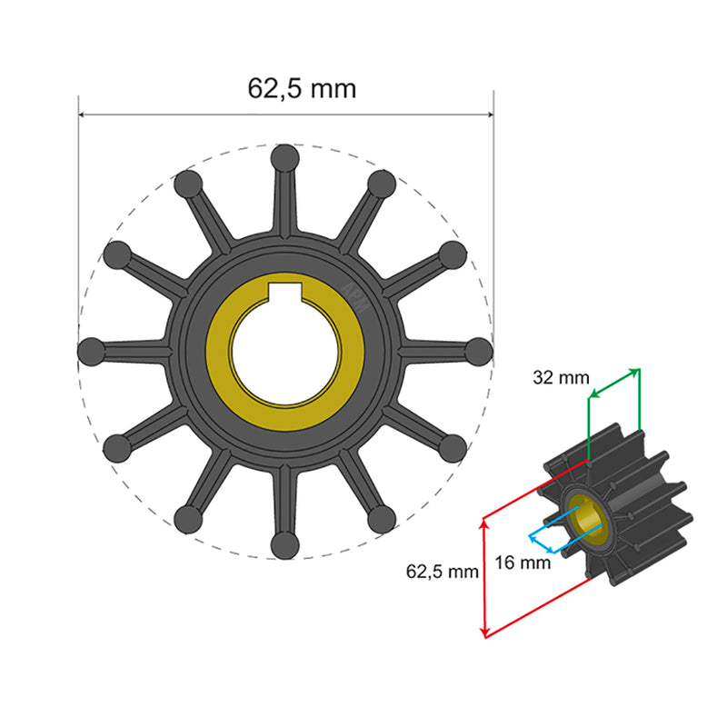 Albin Pump Premium Impeller Kit 62.5 x 16 x 32mm - 12 Blade - Key Insert