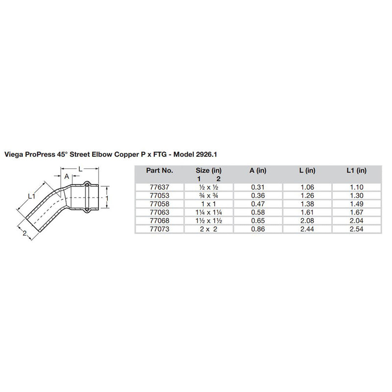 Viega ProPress 1-1/2" - 45° Copper Elbow - Street/Press Connection - Smart Connect Technology