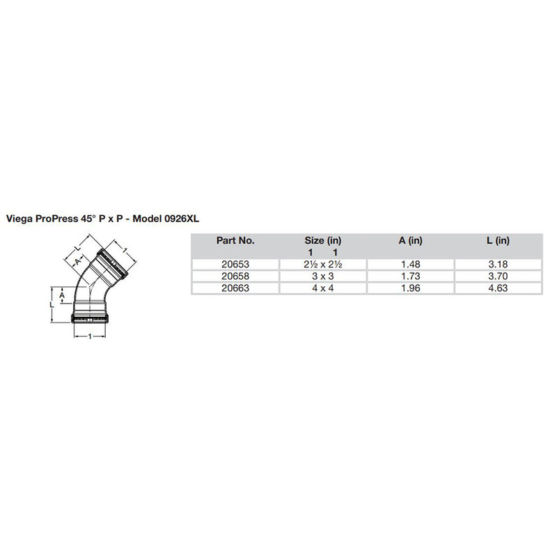 Viega ProPress XL 2-1/2" - 45° Copper Elbow - Double Press Connection - Smart Connect Technology