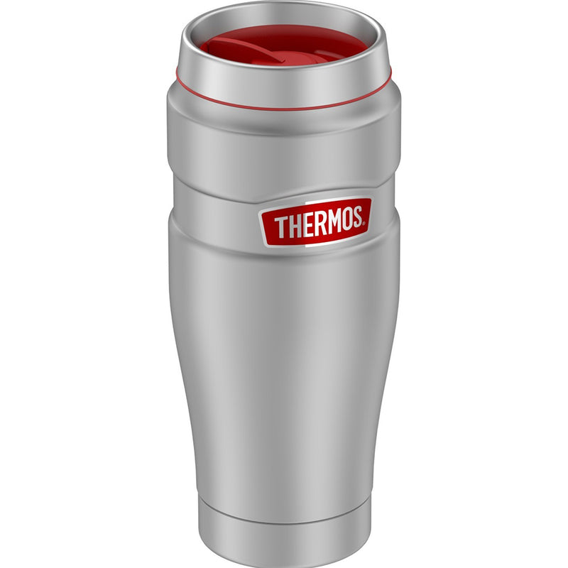 Thermos 16oz Stainless Steel Travel Tumbler - Matte Steel w/Red Badge - 7 Hours Hot/18 Hours Cold