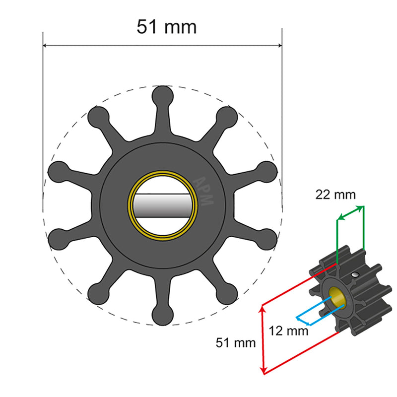 Albin Pump Premium Impeller Kit - 51 x 12.7 x 22mm - 10 Blade - Pin Insert