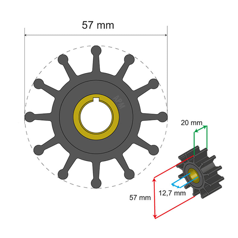 Albin Pump Premium Impeller Kit 57 x 12.7 x 20mm - 12 Blade - Key Insert