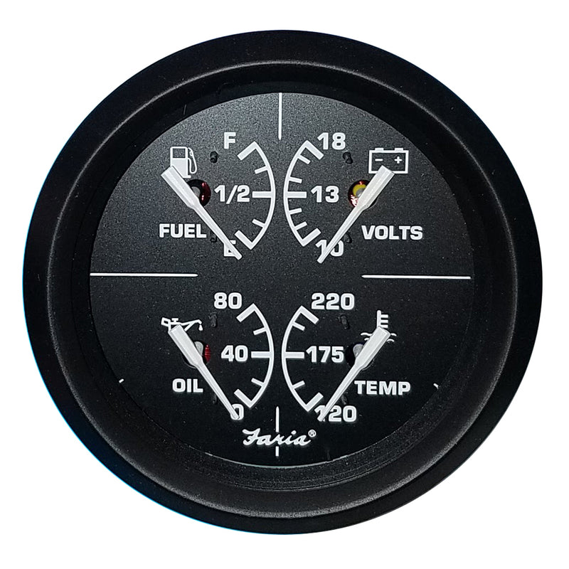 Faria 4" 4-in-1 Multifunction Gauge - Voltmeter (10-16) Fuel Level - Oil PSI (80 PSI) - Water Temp (100-250F)