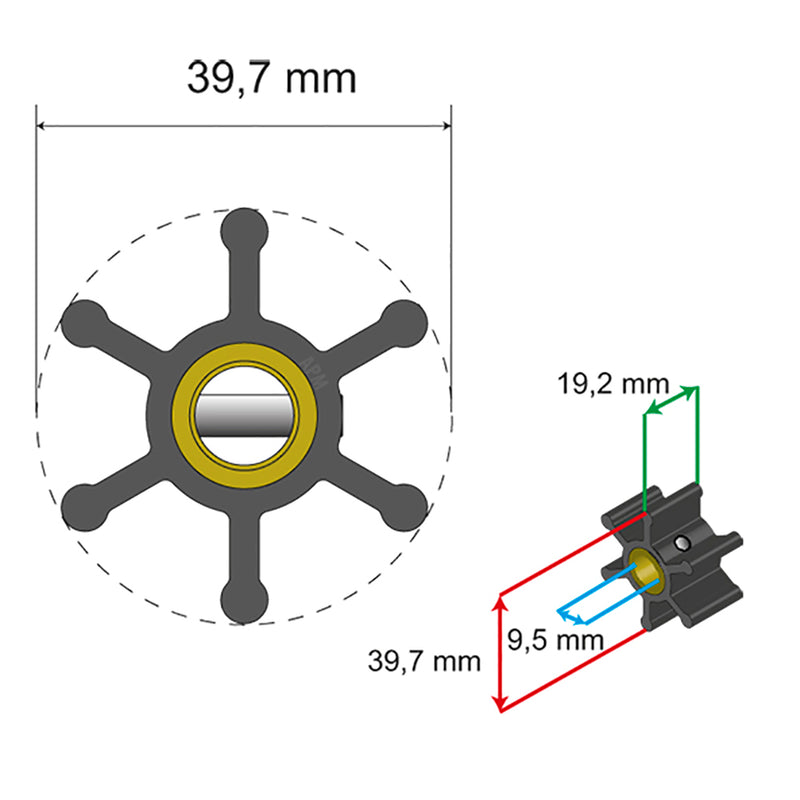 Albin Pump Premium Impeller Kit - 39.7 x 9.5 x 19.2mm - 6 Blade - Pin Insert