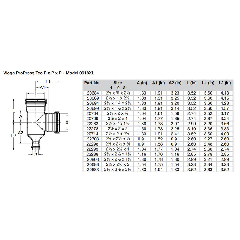 Viega ProPress XL 2-1/2" Copper Tee - Triple Press Connection - Smart Connect Technology