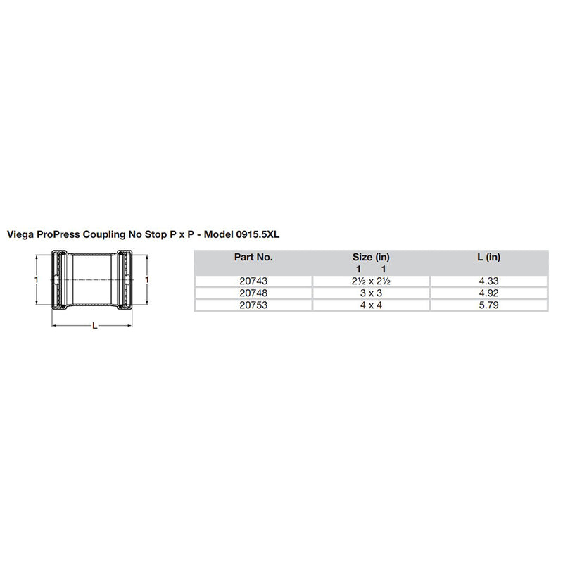 Viega ProPress XL 2-1/2" Copper Coupling w/o Stop - Double Press Connection - Smart Connect Technology