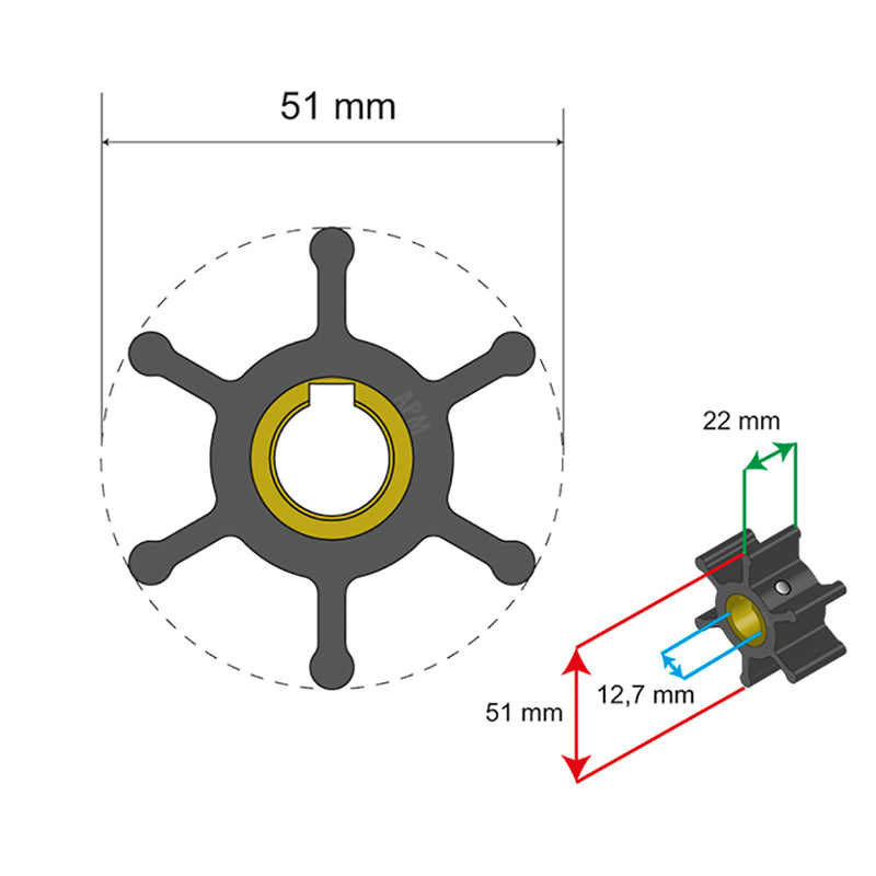 Albin Pump Premium Impeller Kit - 51 x 12.7 x 22mm - 6 Blade - Key Insert