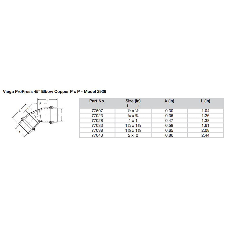 Viega ProPress 1-1/4" - 45° Copper Elbow - Double Press Connection - Smart Connect Technology