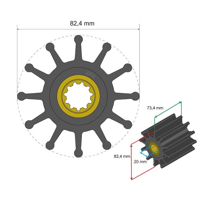 Albin Pump Premium Impeller Kit 82.4 x 20 x 73.4mm - 12 Blade - Spline Insert