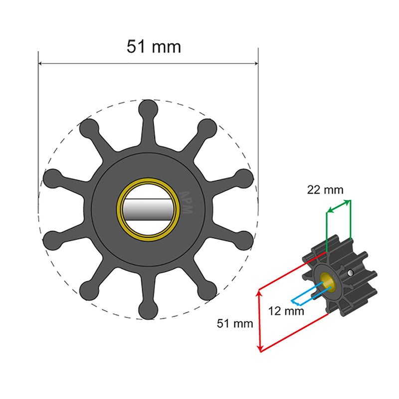 Albin Pump Premium Impeller Kit - 51 x 12 x 22mm - 10 Blade - Pin Insert
