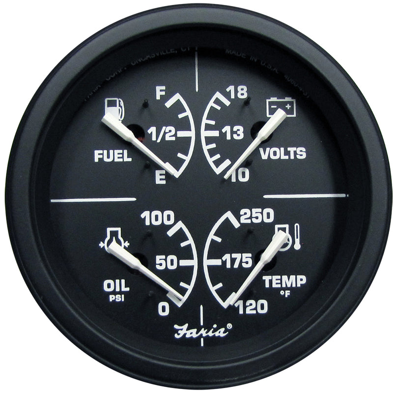 Faria Heavy-Duty 4" Multifunction [Fuel Level | Oil PSI (100 PSI) | Water Temp (120°-250° F) | Voltmeter (10-16 VDC)] - Black