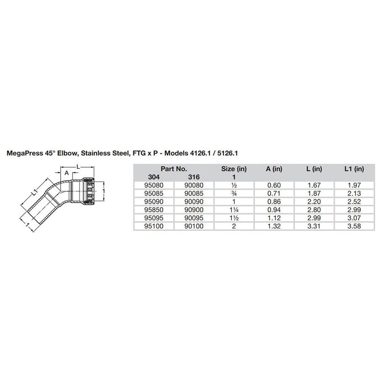 Viega MegaPress 3/4" 45° Stainless Steel 304 Elbow Street - Press Connection - Smart Connect Technology