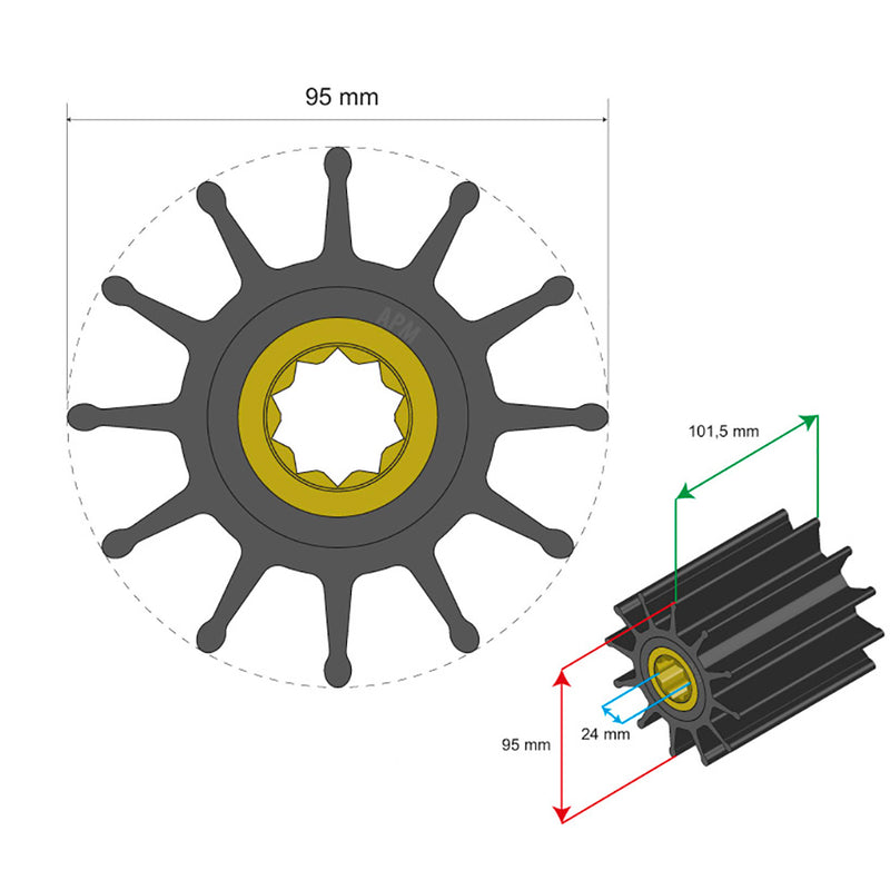 Albin Pump Premium Impeller Kit 95 x 24 x 101.5mm - 12 Blade - Double Flat Insert