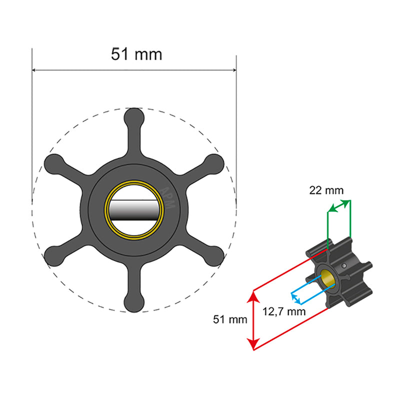 Albin Pump Premium Impeller Kit - 51 x 22 x 12.7mm - 6 Blade - Pin Insert