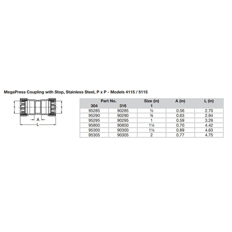 Viega MegaPress 1/2" Stainless Steel 304 Coupling w/Stop - Double Press Connection - Smart Connect Technology