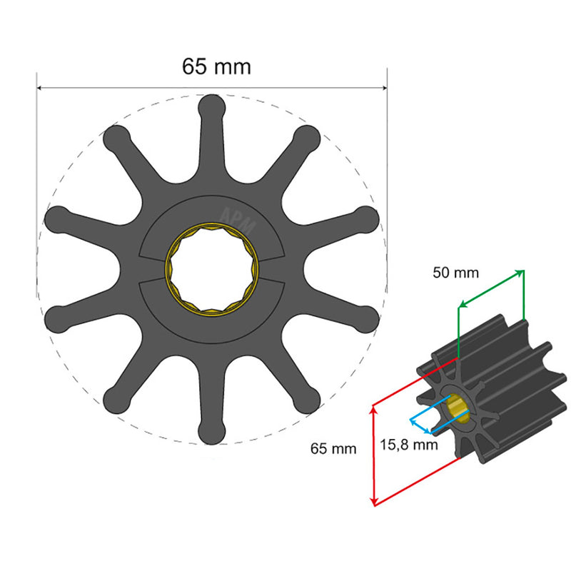 Albin Pump Premium Impeller 65 x 15.8 x 50mm - 10 Blade - Spline Insert