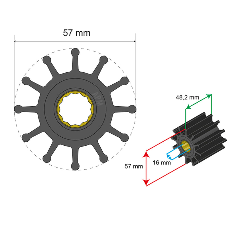 Albin Pump Premium Impeller Kit 57 x 16 x 48.2mm - 12 Blade - Spline Insert