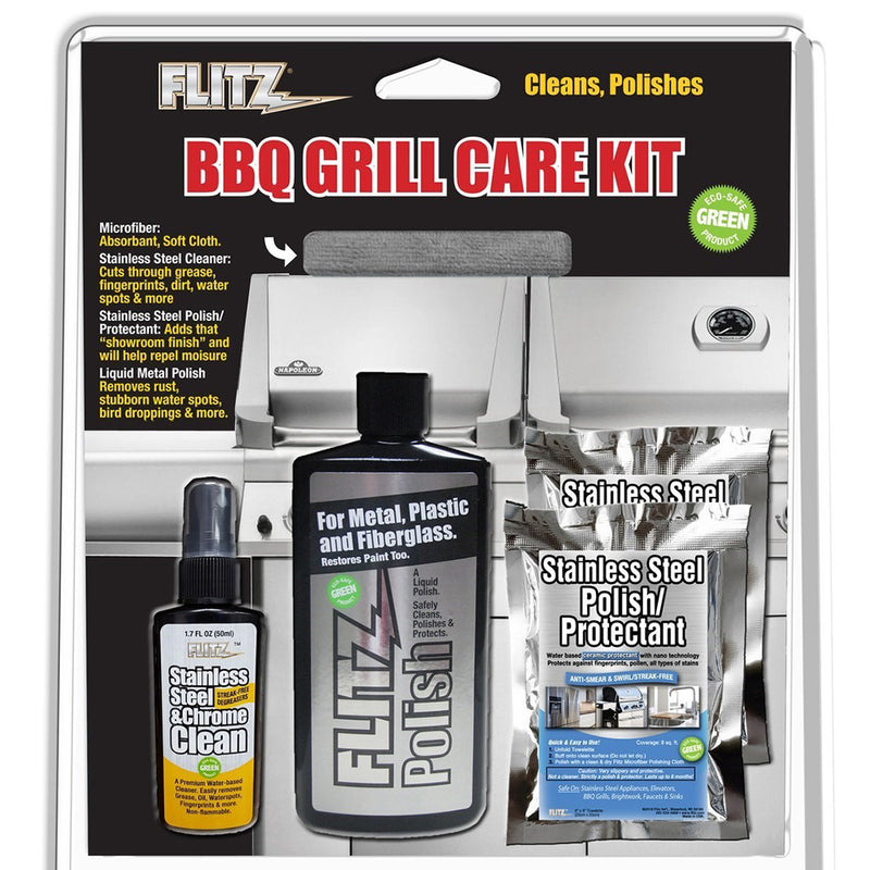 Flitz BBQ Grill Care Kit w/Liquid Metal Polish, Stainless Steel Cleaner, Stainless Steel Polish/Protectant Towelettes & Microfiber Cloth
