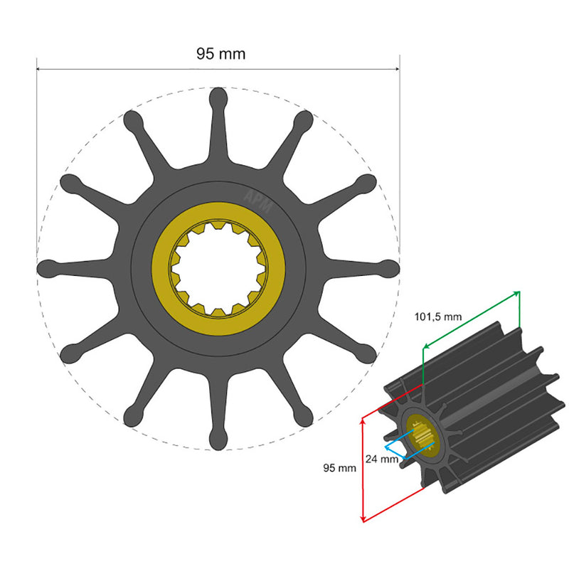 Albin Pump Premium Impeller Kit 95 x 24 x 101.5mm - 12 Blade - Spline Insert