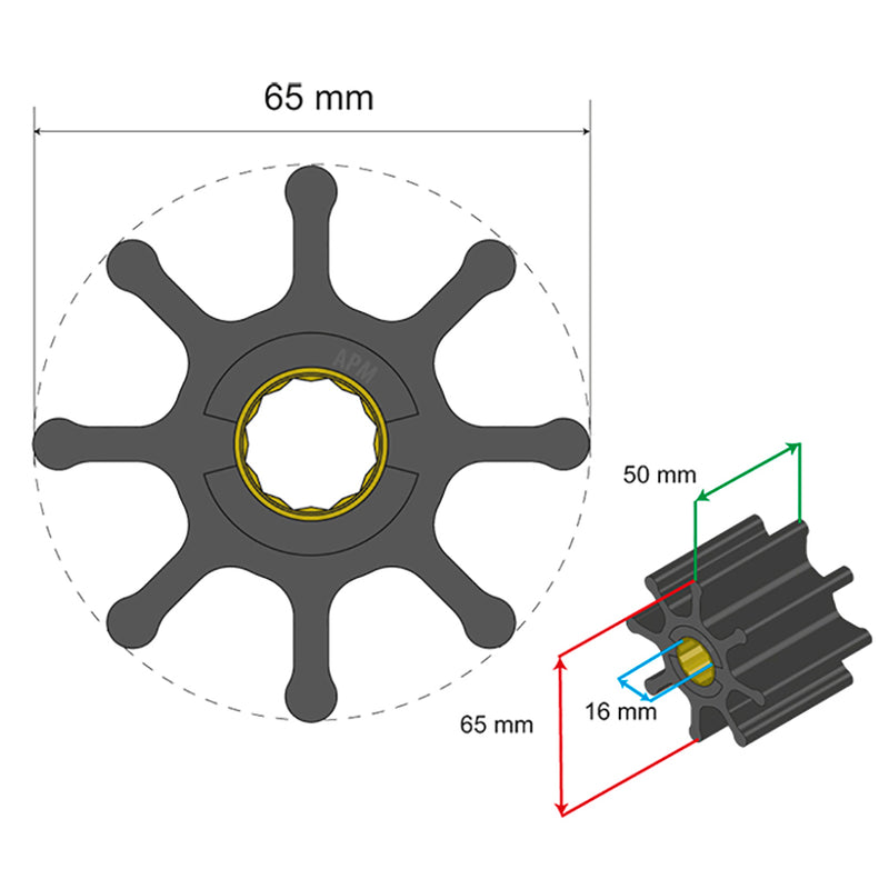 Albin Pump Premium Impeller Kit 65 x 16 x 50mm - 8 Blade - Spline Insert