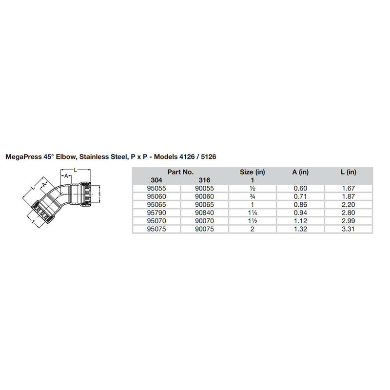 Viega MegaPress 1" 45° Stainless Steel 304 Elbow - Double Press Connection - Smart Connect Technology