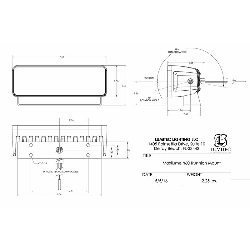 Lumitec Maxillume h60 - Trunnion Mount Flood Light - White Dimming - Black Housing