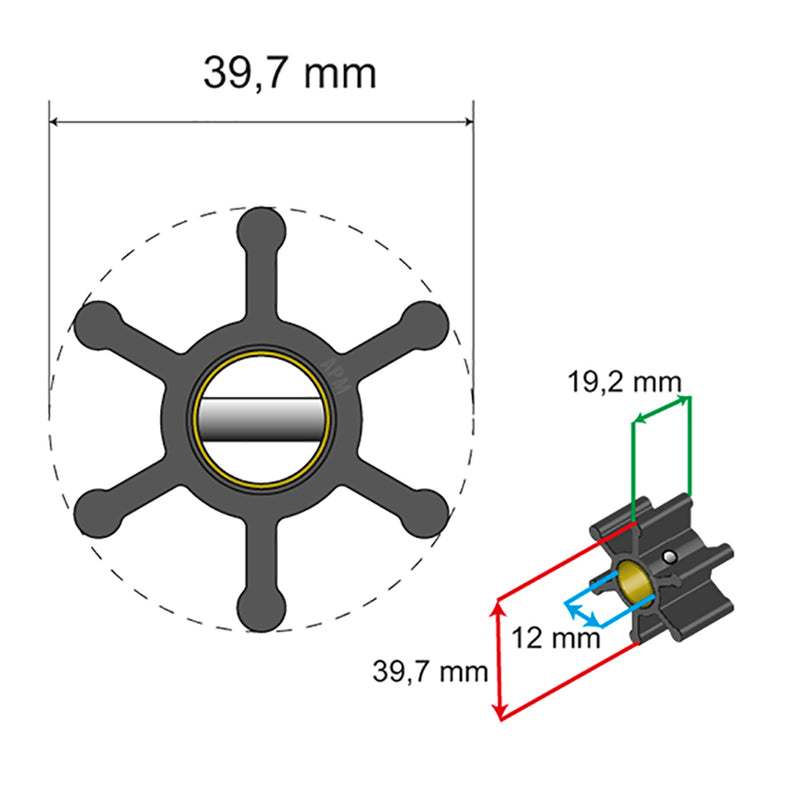 Albin Pump Premium Impeller Kit - 39.7 x 12 x 19.2mm - 6 Blade - Pin Insert