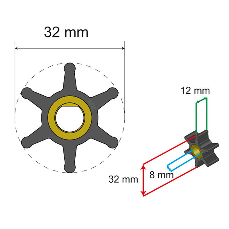 Albin Pump Premium Impeller Kit - 32 x 8 x 12mm - 6 Blade - Single Flat Insert