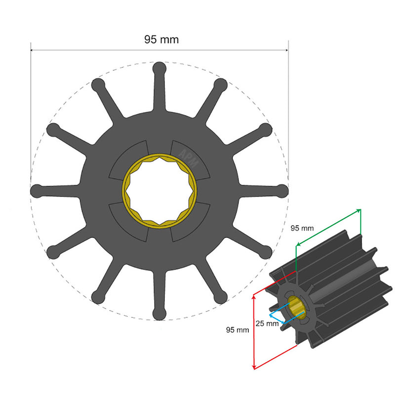 Albin Pump Premium Impeller Kit 95 x 25 x 95mm - 12 Blade - Spline Insert