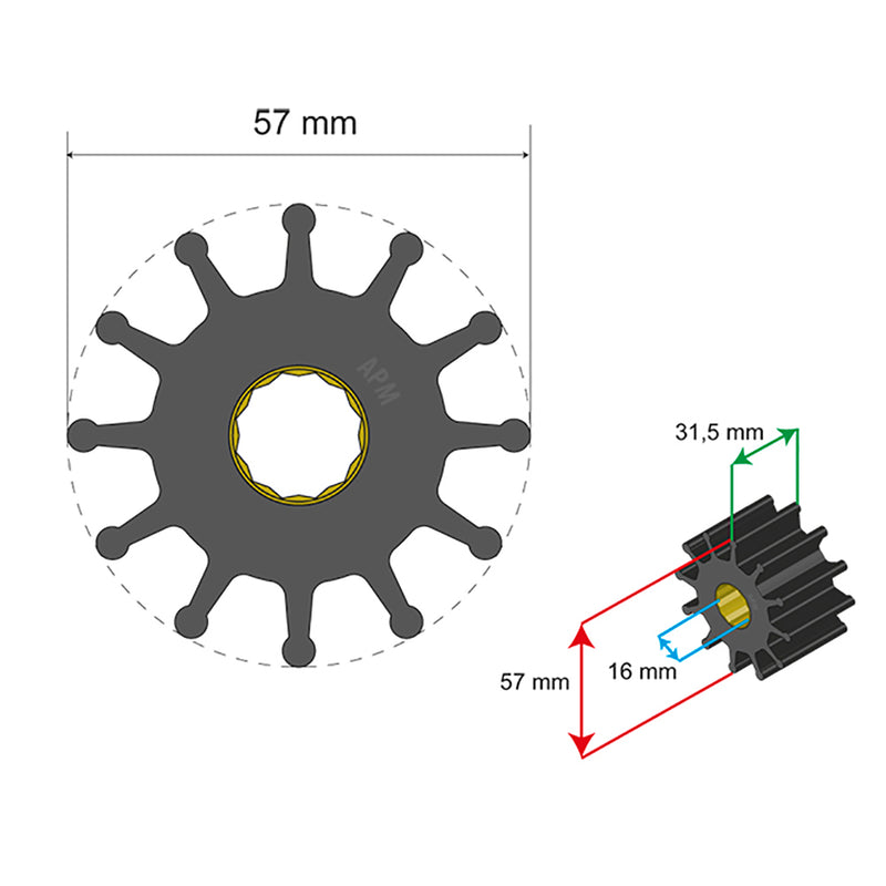 Albin Pump Premium Impeller Kit 57 x 16 x 31.5mm - 12 Blade - Spline Insert