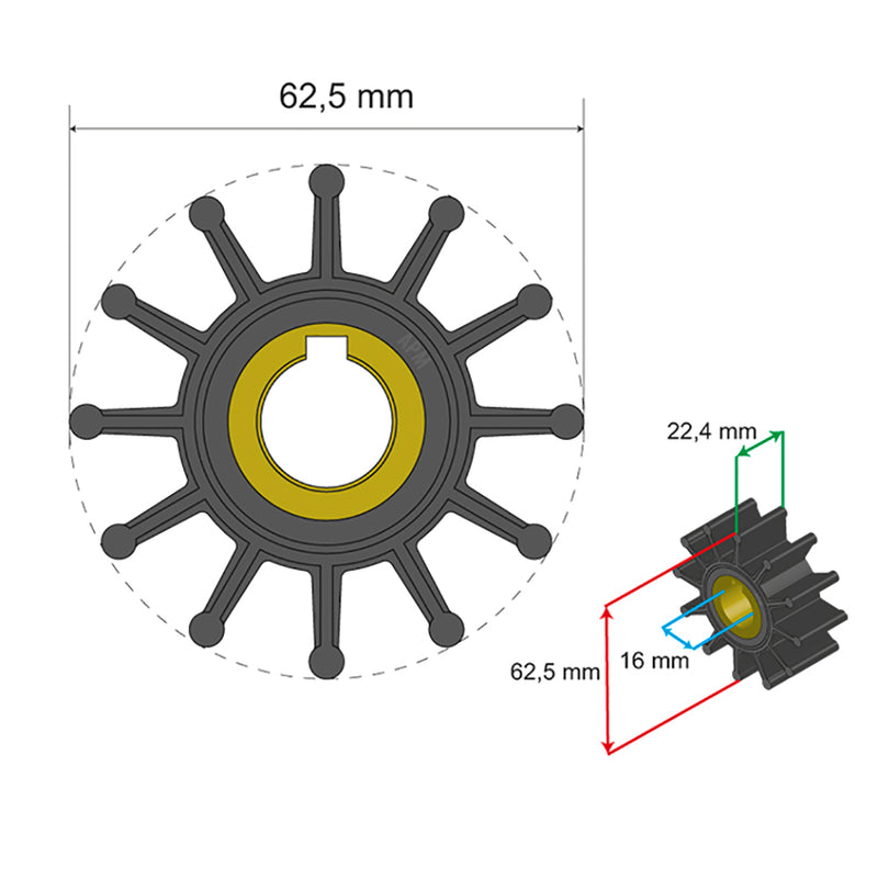 Albin Pump Premium Impeller Kit 62.5 x 16 x 22.4mm - 12 Blade - Key Insert